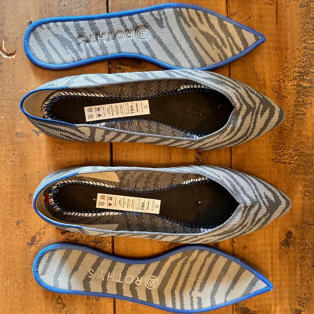 Rothy's Gray Zebra-Print Pointed Flats with Blue Trim